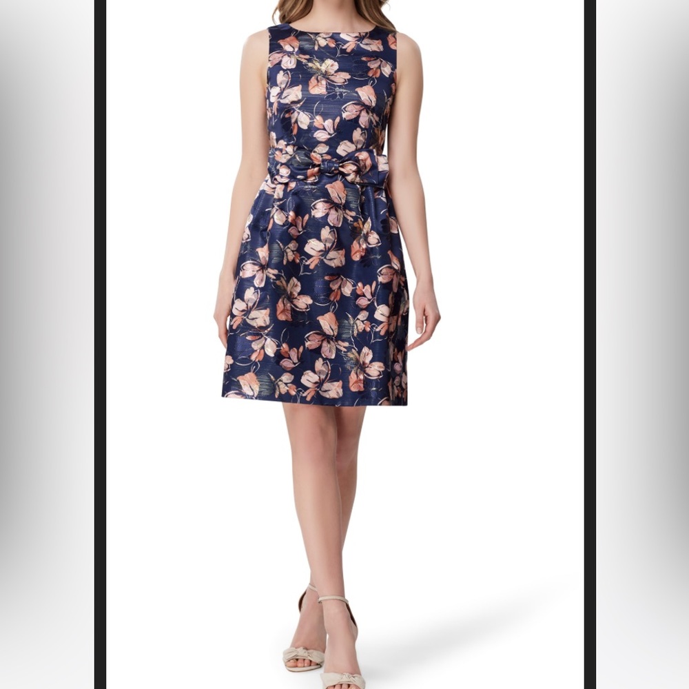 Tahari Navy blush metallic Jacquard Fit & Flare Dress